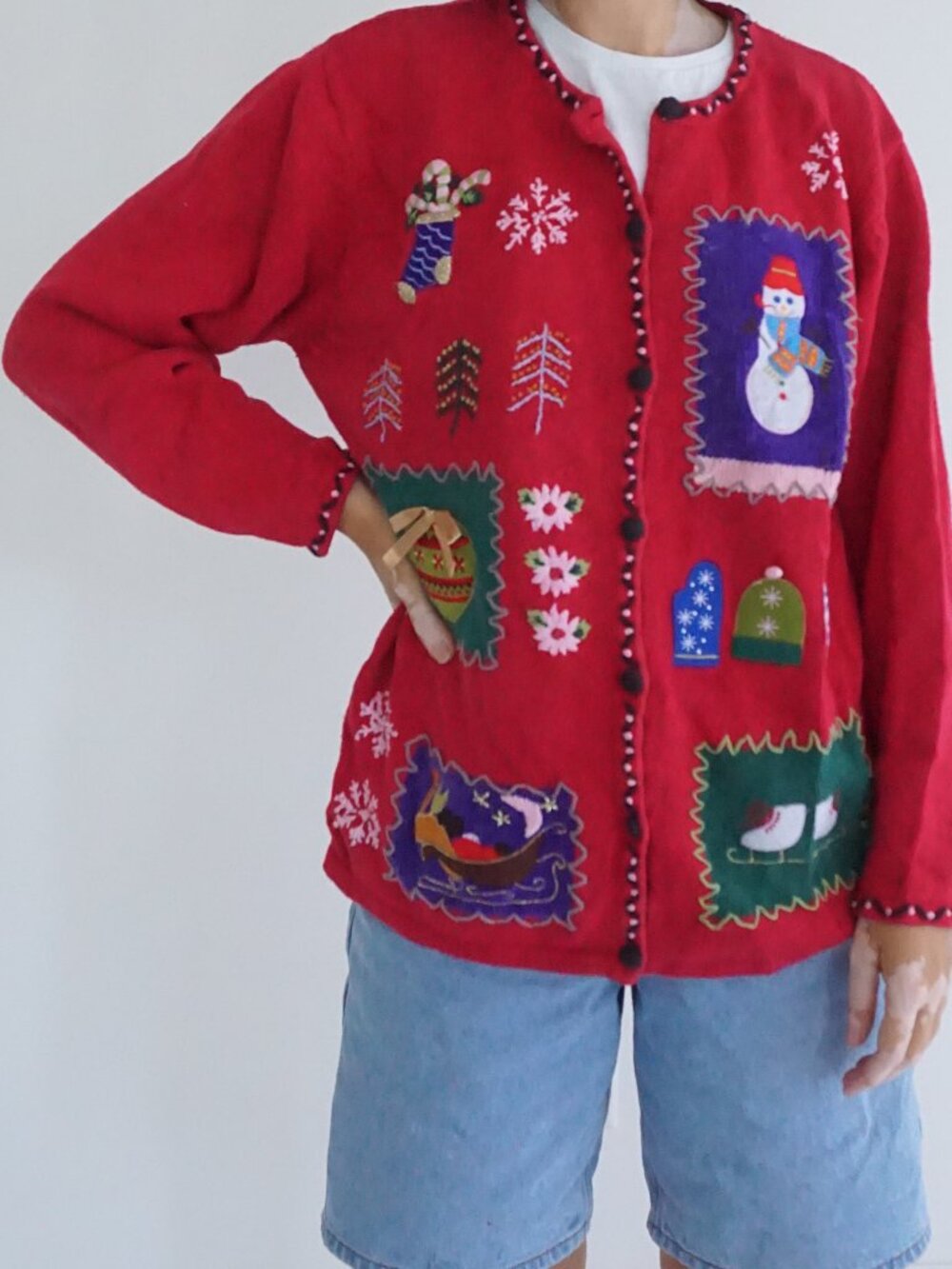 Vintage Cherokee Red Snowman Snowflakes Mittens Ugly Christmas Cardigan XL